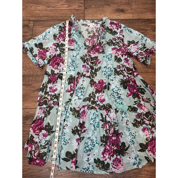 Sundance Turquoise Floral Provence Stroll Mini Dress Aqua V-neck Boho Sz PXL - Picture 7 of 8